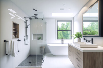 Modern bathroom interior design, Luxury yet minimalist clean, bright and hygienic spacious bathroom with shower, toilets, mirrors, bathtub and natural green plant in a hotel, apartment, or house