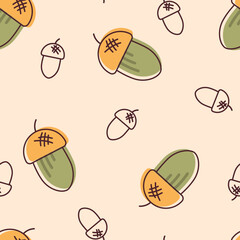 Pattern with fallen acorns in flat and line art style. Flat, cartoon, vector