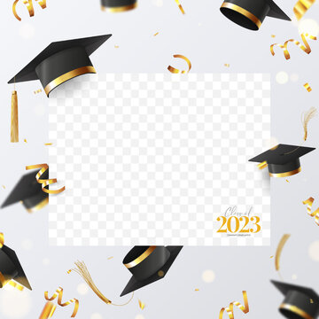 Greeting card for design of graduation 2023. Falling graduation caps, confetti and serpentine. Vector banner with place for photo from graduation for decoration social media, banners, posters.