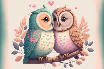 Cute owls couple Valentine's Day illustration generative ai