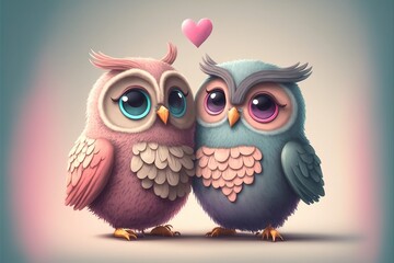 Fototapeta premium Cute owls couple Valentine's Day illustration generative ai