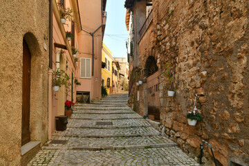 A narrow street in the historic center of Priverno, an old village in Lazio, not far from Rome, Italy.