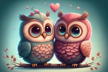 Fototapeta premium Cute owls couple Valentine's Day illustration generative ai