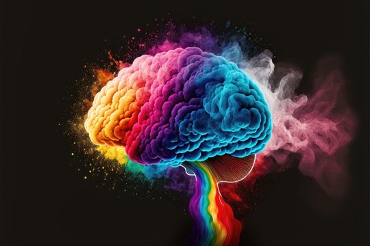 Generative AI illustration of head rainbow brain colorful explosion in colored smoke, change the chip	