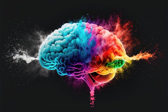 Generative AI illustration of head rainbow brain colorful explosion in colored smoke, change the chip