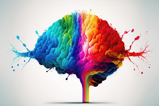 Generative AI illustration of head rainbow brain colorful explosion in colored smoke, change the chip
