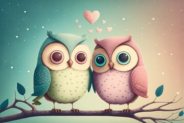 Fototapeta premium Cute owls couple Valentine's Day illustration generative ai