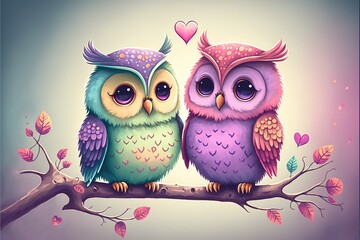 Cute owls couple Valentine's Day illustration generative ai