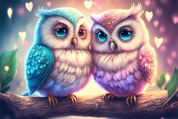 Fototapeta premium Cute owls couple Valentine's Day illustration generative ai