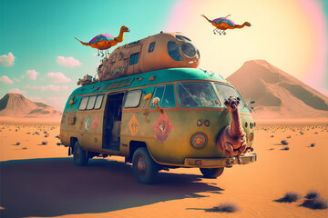 Volkswagen T1 Bulli - psychedelic vanlife with a surreal hippie camper van in the desert. Created with Generative AI technology. - obrazy, fototapety, plakaty