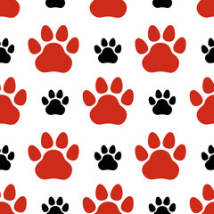 Bright seamless pattern with pet footprints. Red and black paw prints. Vector