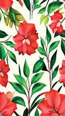 Floral hand drawn background. Botanical line art wallpaper with flowers, branches and eucalyptus leaves. Design in red and green shades watercolor texture for banner, prints, wall art and home decor.