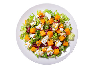 plate of salad with baked pumpkin and cream cheese isolated on transparent background, top view - 563366738