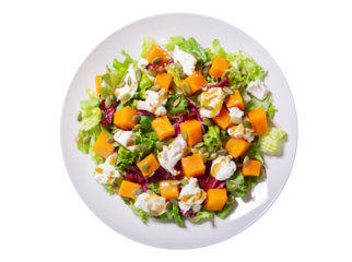 plate of salad with baked pumpkin and cream cheese isolated on transparent background, top view
