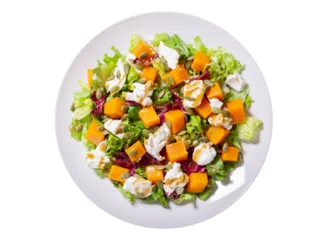 Dekokissen plate of salad with baked pumpkin and cream cheese isolated on transparent background, top view © Nitr