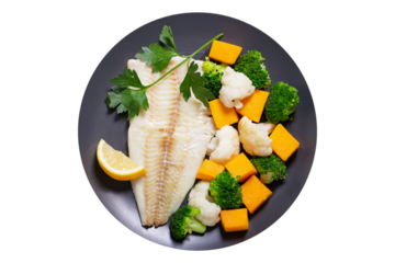plate of fried cod fish fillet with vegetables isolated on transparent background, top view