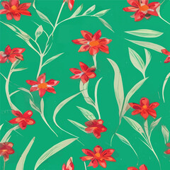 Floral hand drawn background. Botanical line art wallpaper with flowers, branches and eucalyptus leaves. Design in red and green shades watercolor texture for banner, prints, wall art and home decor.