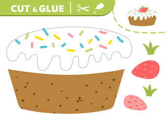 Cake in white glaze and sprinkle with strawberry. Cut and glue. Cake. Applique. Paper game. Vector