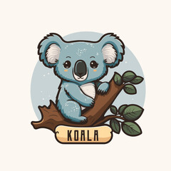 koala logo.Cute cartoon koala with leaves. Vector illustration in a flat style © Vibrands Studio