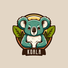 koala logo.Cute cartoon koala with leaves. Vector illustration in a flat style