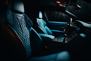 A stunning blue car interior, featuring sleek lines and luxurious materials for a truly opulent driving