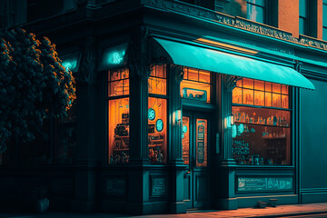 An image of a Turquoise-accented store front lit by the soft, golden light of street lamps