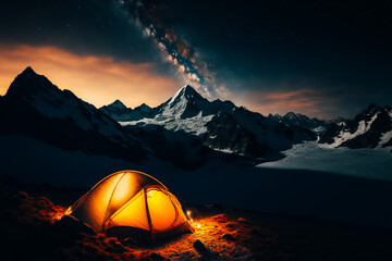 The image depicts a tent set up in the middle of a beautiful alpine landscape at night.
