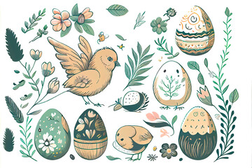 Easter eggs, chicken and rabbit hand drawn . Collection of farm design elements. AI Generated