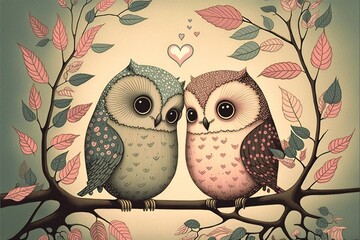 Couple of Owls in love Valentines day vintage style illustration generative ai