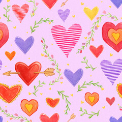 Seamless pattern of tender red, pink, violet, blue hearts and green leaves and flowers on blue background. Valentines day background with elements of hand-drawn on purple backgroung. 