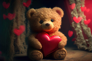 Teddy bear holding a red heart-shaped pillow in his hands with blurred background. Generative AI