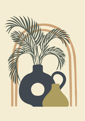 Fototapeta premium Aesthetic illustration with palm leaves and abstract vases. Minimalist shapes in pastel colors