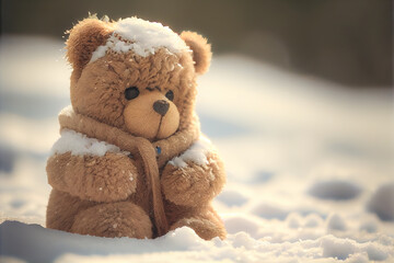 Light brown teddy bear with scarf sitting on white snow. Enjoying cold winter day, Generative AI