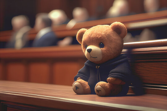 Small brown teddy bear sitting in courtroom with blurred background. Generative AI