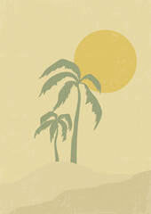 Desert landscape, sunny dunes and palms illustration. Earth tones, beige colors.