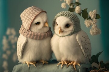 Couple of Owls in winter hats illustration Valentine's Day generative ai