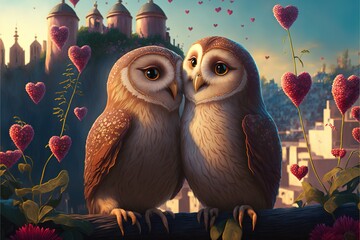 Couple of cute owls' anime style Valentines day illustration generative ai