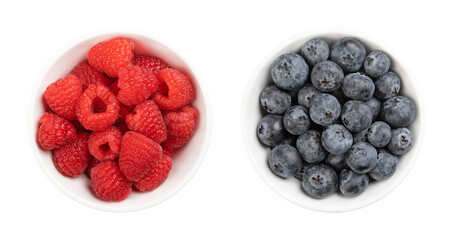 Fresh raspberries and blueberries, in white bowls, from above. Whole and ripe fruits of the cultivated European raspberry and the northern highbush blueberry, Rubus idaeus and Vaccinium corymbosum.