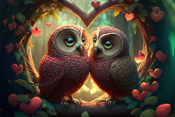 Couple of cute owls' anime style Valentines day illustration generative ai