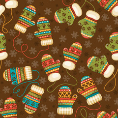 Winter theme seamless pattern with colorful mittens and snowflakes. Vector illustration.