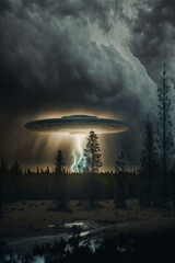 A portrait of a gigantic alien spaceship emerging from stormy clouds, with lightning emanating from it.