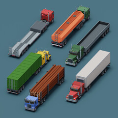 3D isometric transport. Trucks with semi-trailers collection. Cartoon stylized