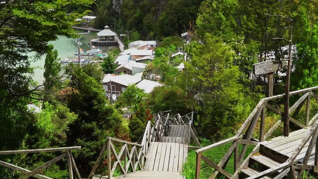 wooden piers and walkways of lumber town Caleta Tortel
