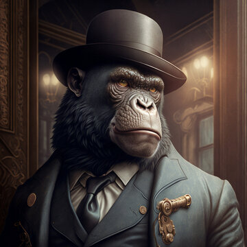 Portrait of a gorilla in a suit and top hat, 1890s Birmingham, ai  generation