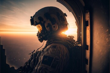 fighter pilot cockpit in the sky, aviator military mission, Generative Ai - obrazy, fototapety, plakaty