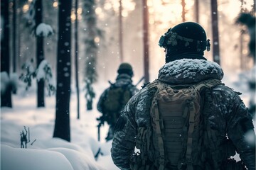 Fototapeta na wymiar soldier camouflage in winter snow forest, artic warfare, generative AI