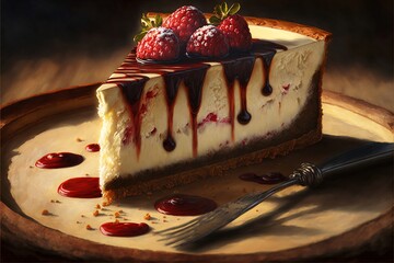 Cheesecake avec du coulis et des fruits