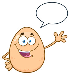 Smiling Egg Cartoon Mascot Character Waving For Greeting With Speech Bubble. Hand Drawn Illustration Isolated On Transparent Background