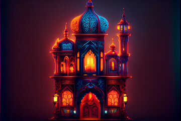 Obraz premium Orientalisches Gebäude in Neon Lichtern