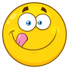 Smiling Yellow Cartoon Emoji Face Character Licking His Lips. Hand Drawn Illustration Isolated On Transparent Background